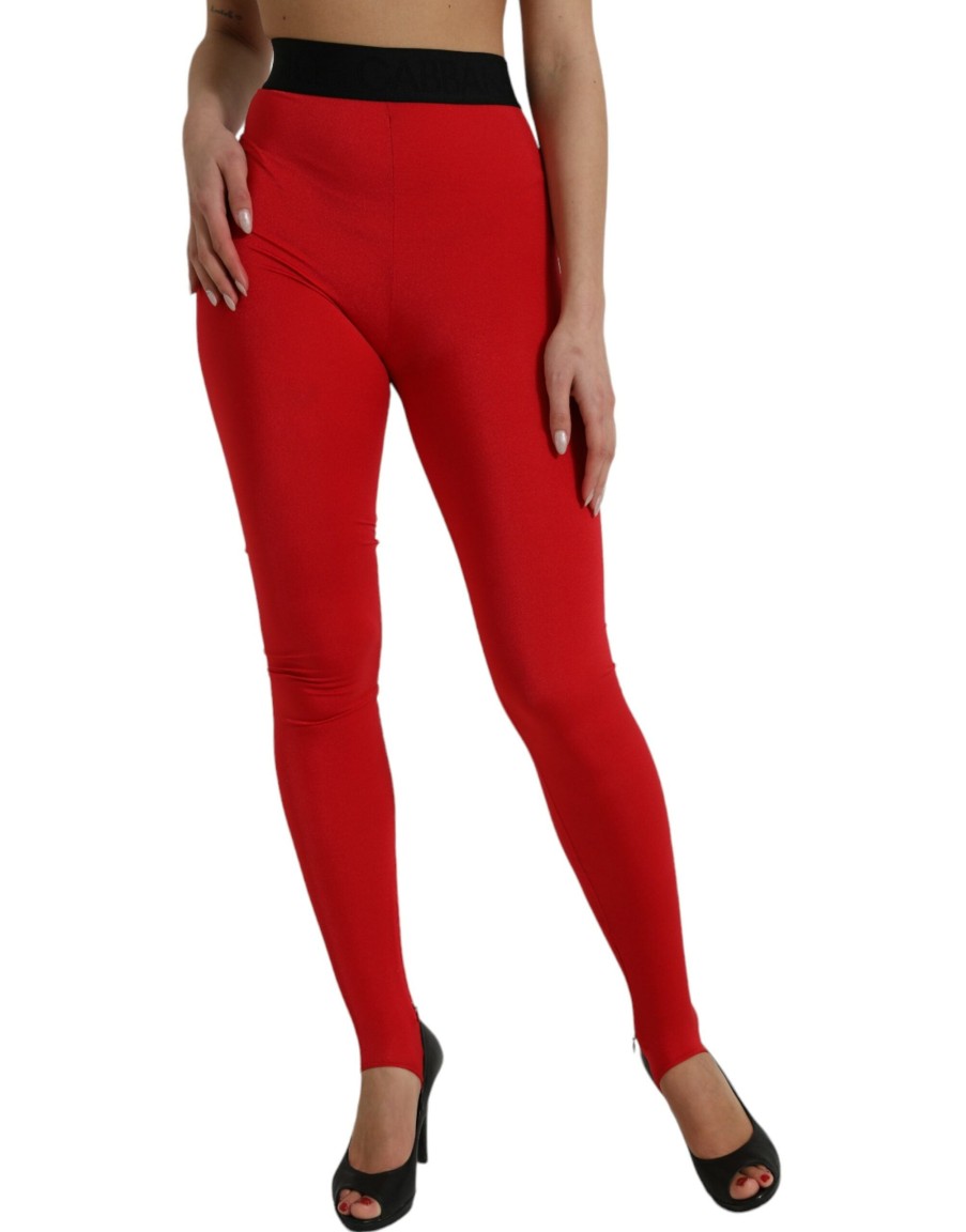 Women Dolce & Gabbana Women'S Pants & Jeans | Dolce & Gabbana Red Nylon Stretch Slim Leggings Pants