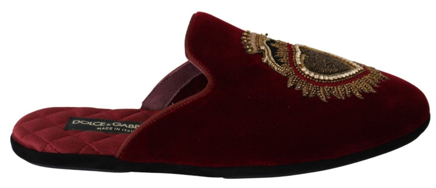 Men Dolce & Gabbana Men'S Slide Sandals | Dolce & Gabbana Red Velvet Sacred Heart Embroidery Slides Shoes