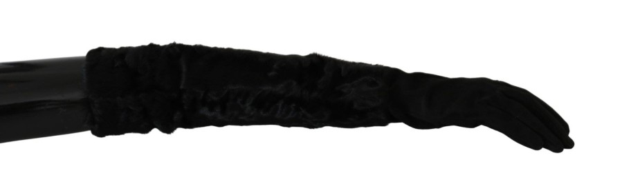 Women Dolce & Gabbana Women'S Gloves | Dolce & Gabbana Black Elbow Length Mitten Suede Fur Gloves