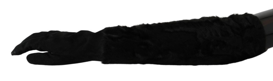 Women Dolce & Gabbana Women'S Gloves | Dolce & Gabbana Black Elbow Length Mitten Suede Fur Gloves