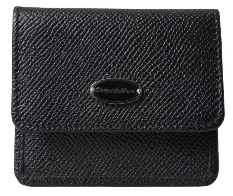 Women Dolce & Gabbana Women'S Wallets | Dolce & Gabbana Black Textured Leather Bifold Logo Coin Purse Wallet