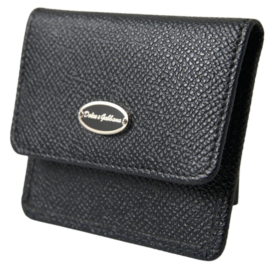 Women Dolce & Gabbana Women'S Wallets | Dolce & Gabbana Black Textured Leather Bifold Logo Coin Purse Wallet