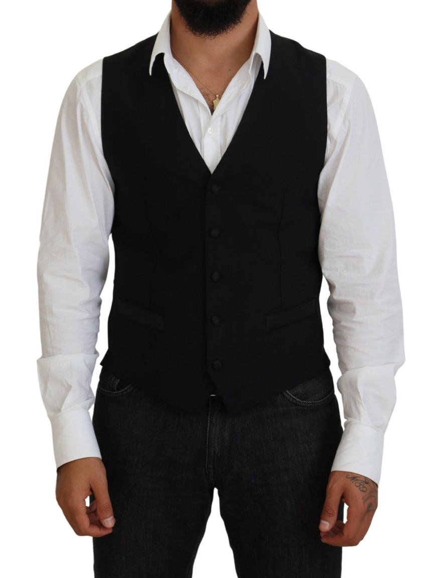 Men Dolce & Gabbana Men'S Vests | Dolce & Gabbana Black Virgin Wool Waistcoat Formal Vest