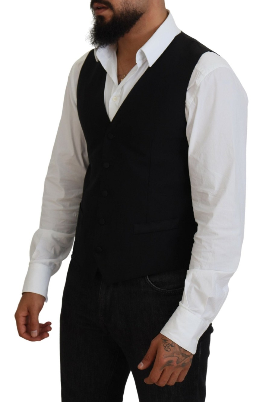 Men Dolce & Gabbana Men'S Vests | Dolce & Gabbana Black Virgin Wool Waistcoat Formal Vest