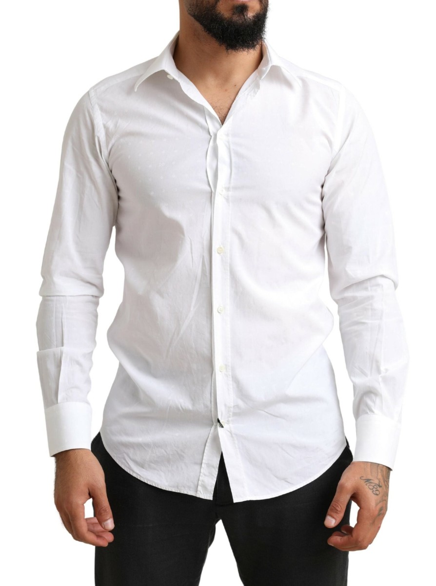 Men Dolce & Gabbana Men'S Shirts | Dolce & Gabbana White Gold Cotton Slimfit Formal Dress Shirt