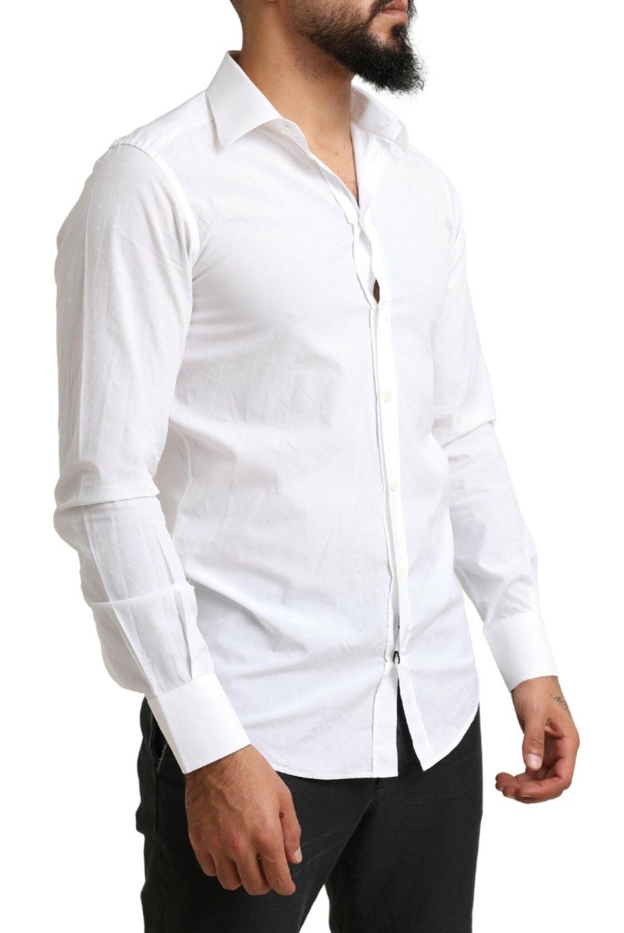 Men Dolce & Gabbana Men'S Shirts | Dolce & Gabbana White Gold Cotton Slimfit Formal Dress Shirt