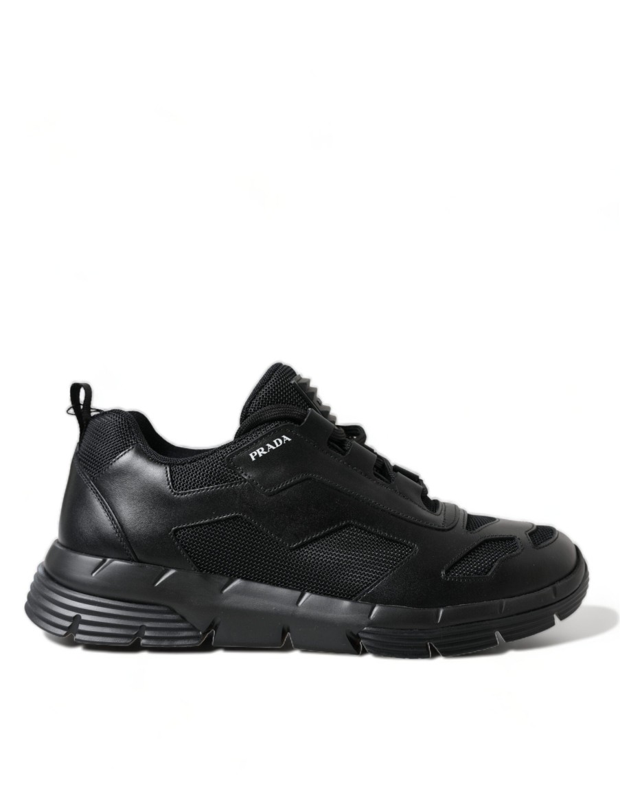 Men Prada Men'S Sneakers | Prada Black Mesh Panel Low Top Twist Trainers Sneakers Shoes