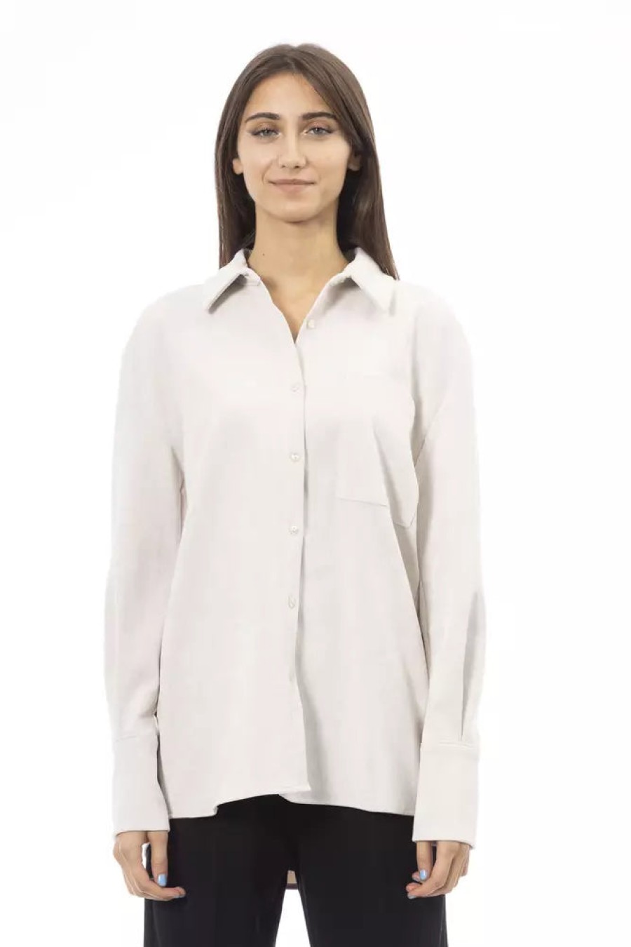 Women Alpha Studio Women'S Shirts | Alpha Studio Chic White Button-Up Shirt With Front Pocket