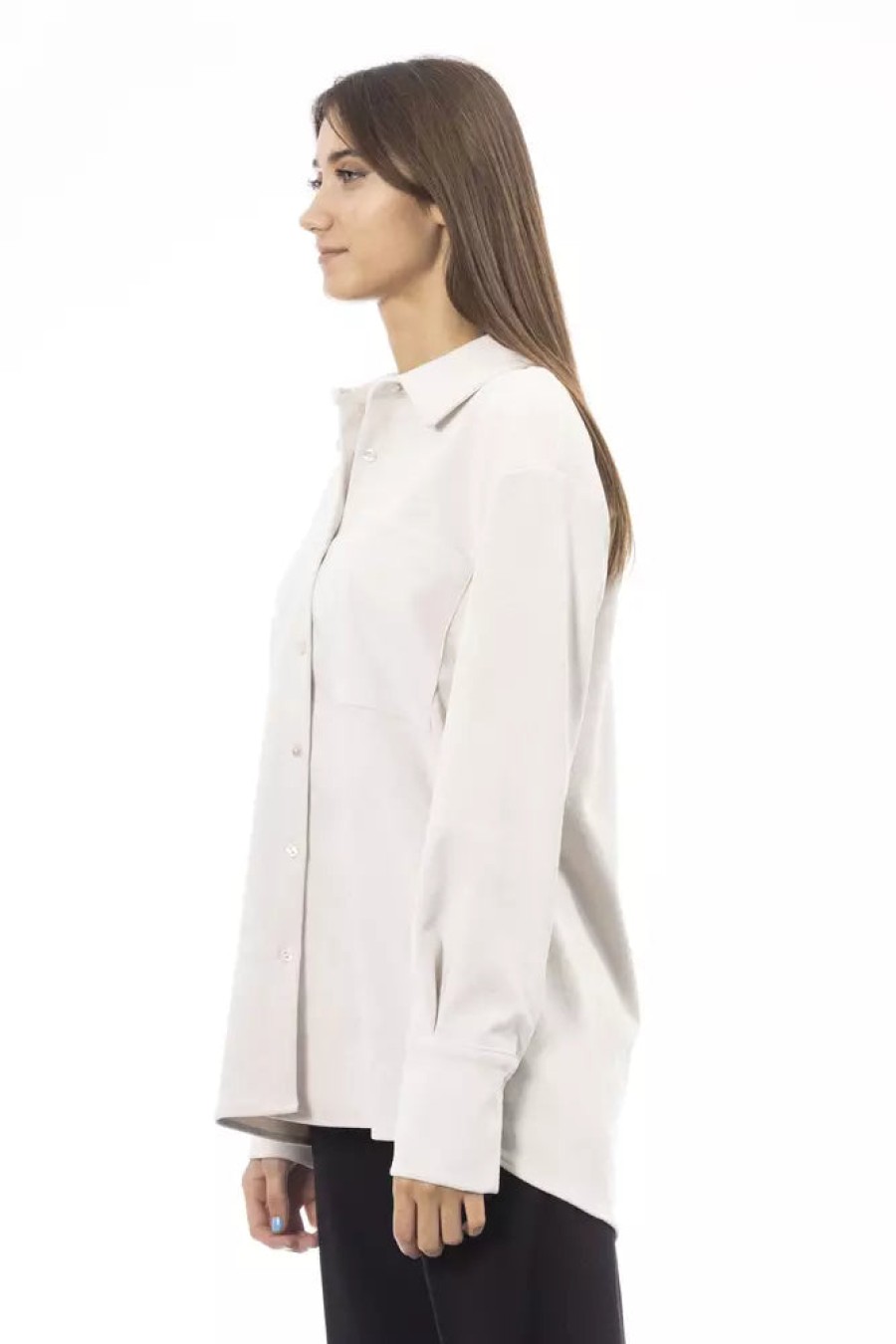 Women Alpha Studio Women'S Shirts | Alpha Studio Chic White Button-Up Shirt With Front Pocket