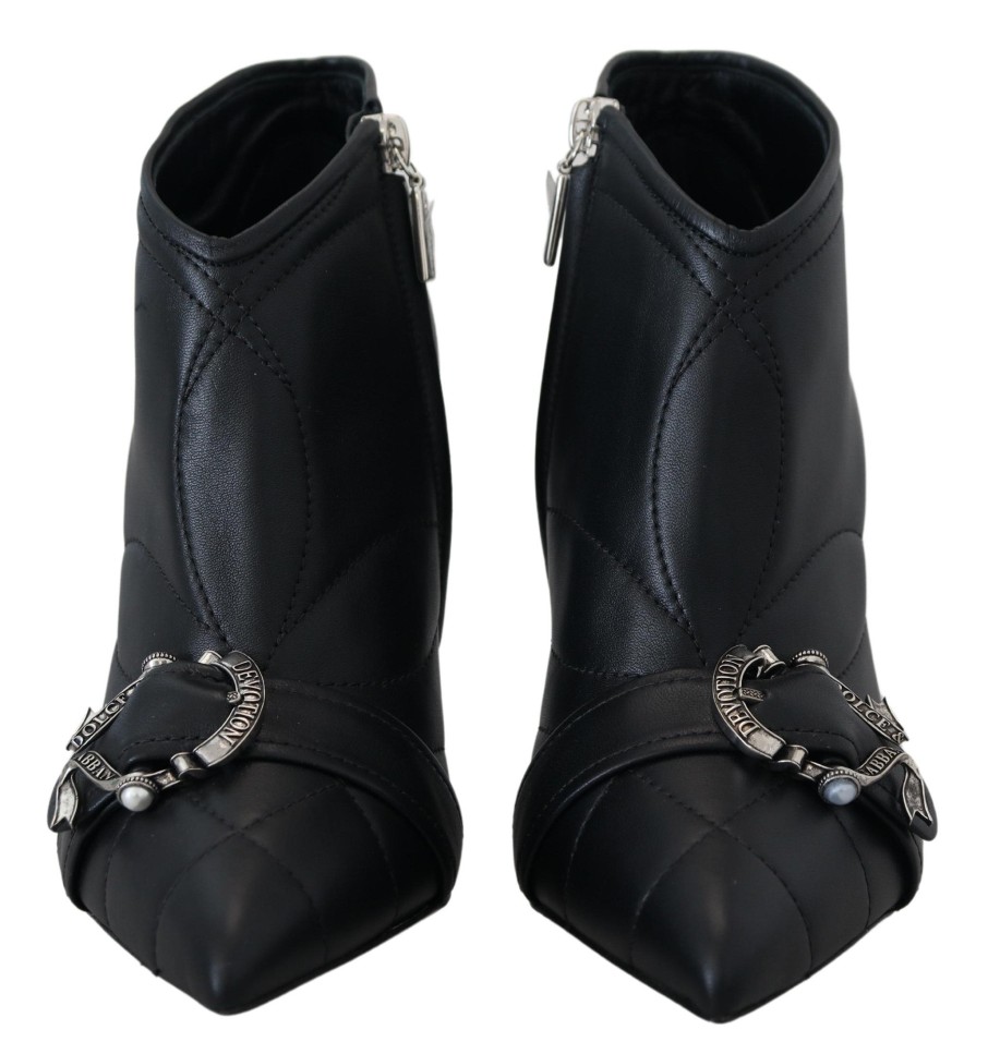 Women Dolce & Gabbana Women'S Boots | Dolce & Gabbana Black Devotion Quilted Buckled Ankle Boots Shoes