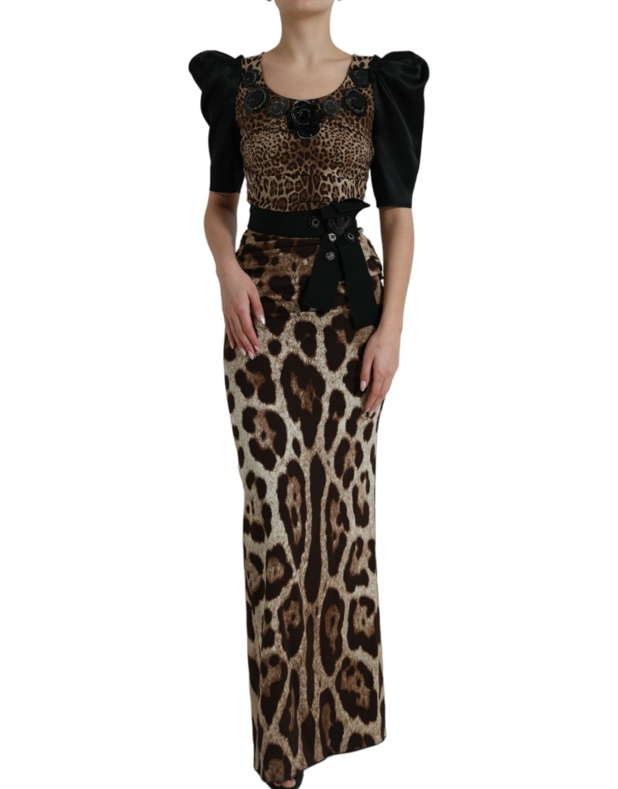 Women Dolce & Gabbana Women'S Dresses | Dolce & Gabbana Black Brown Leopard Embellished Sheath Gown Dress