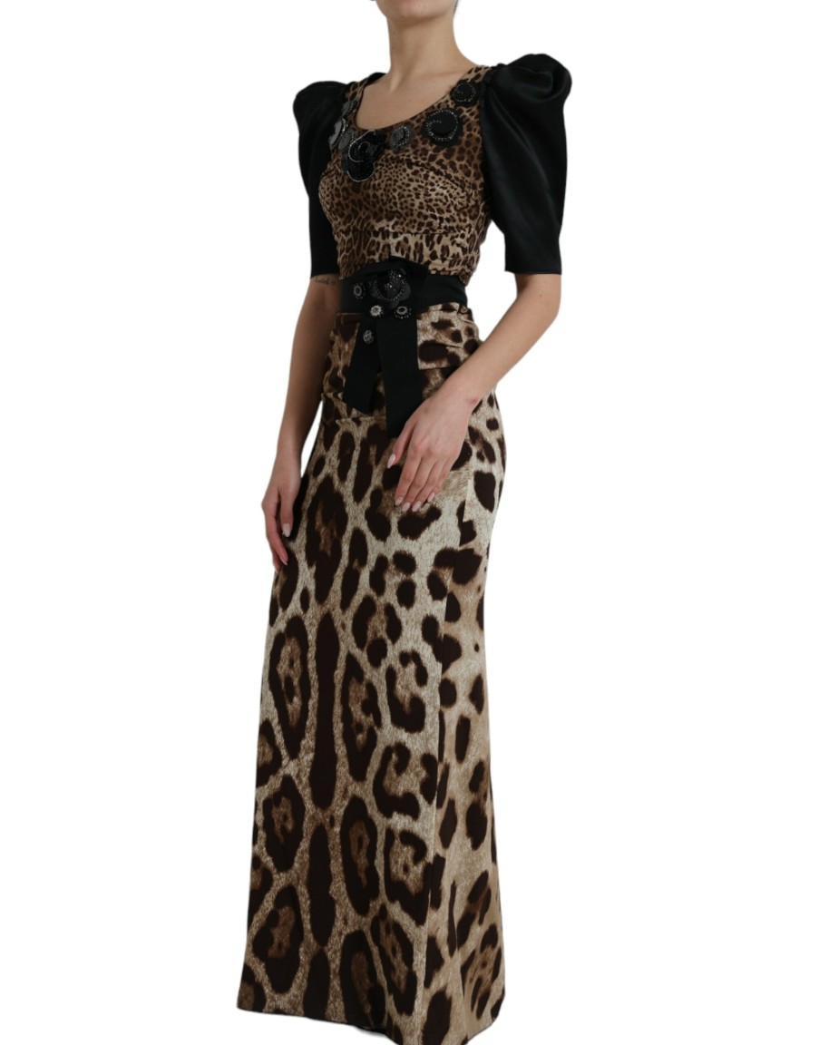 Women Dolce & Gabbana Women'S Dresses | Dolce & Gabbana Black Brown Leopard Embellished Sheath Gown Dress