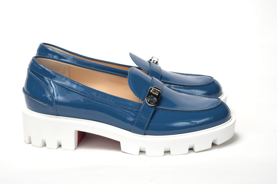 Women Christian Louboutin Women'S Flat Shoes | Christian Louboutin Blue And White Silver Logo Lock Boat Shoe