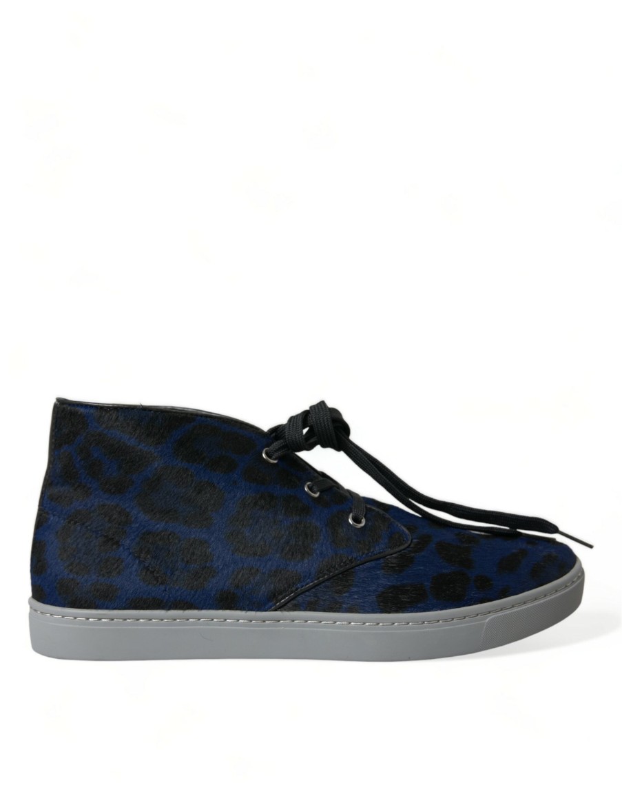 Men Dolce & Gabbana Men'S Sneakers | Dolce & Gabbana Blue Calfskin Leopard Mid Top Sneakers Shoes