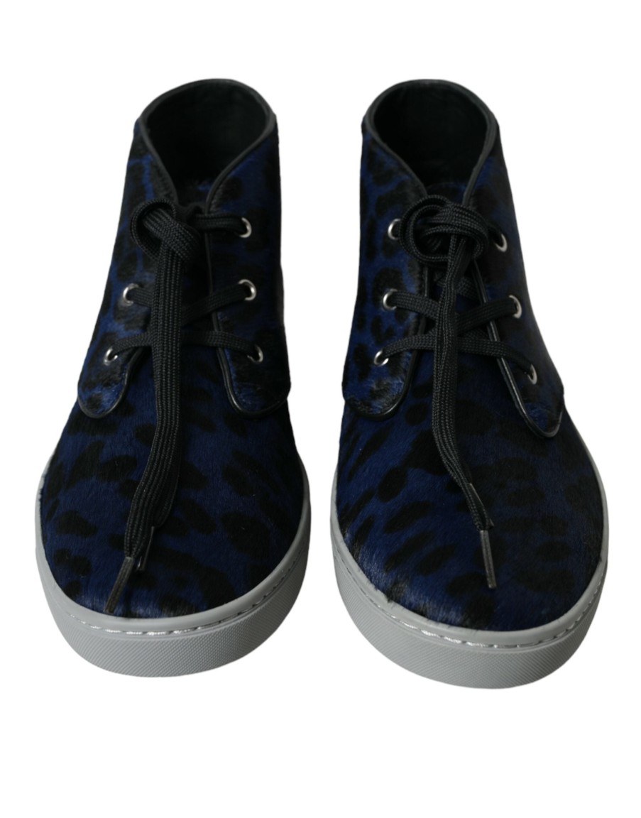 Men Dolce & Gabbana Men'S Sneakers | Dolce & Gabbana Blue Calfskin Leopard Mid Top Sneakers Shoes