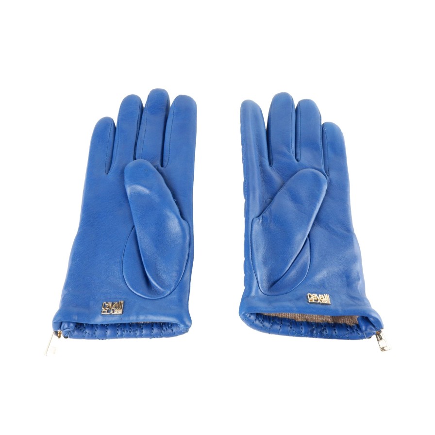 Women Cavalli Class Women'S Gloves | Cavalli Class Elegant Blue Lambskin Leather Lady Gloves