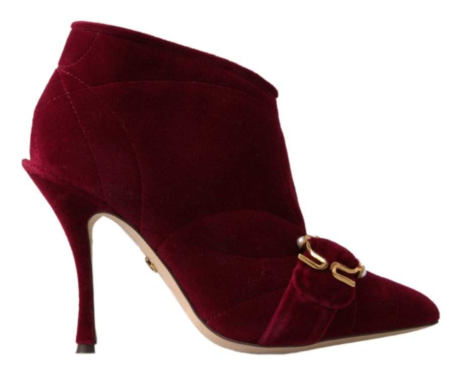 Women Dolce & Gabbana Women'S Boots | Dolce & Gabbana Burgundy Cotton Blend Velvet Ankle Boots Heel Shoes