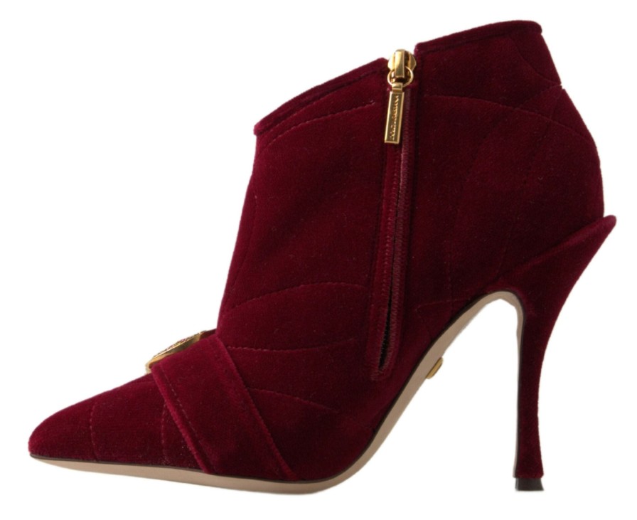 Women Dolce & Gabbana Women'S Boots | Dolce & Gabbana Burgundy Cotton Blend Velvet Ankle Boots Heel Shoes