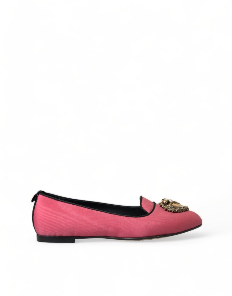 Women Dolce & Gabbana Women'S Flat Shoes | Dolce & Gabbana Pink Black Devotion Slip On Flat Shoes