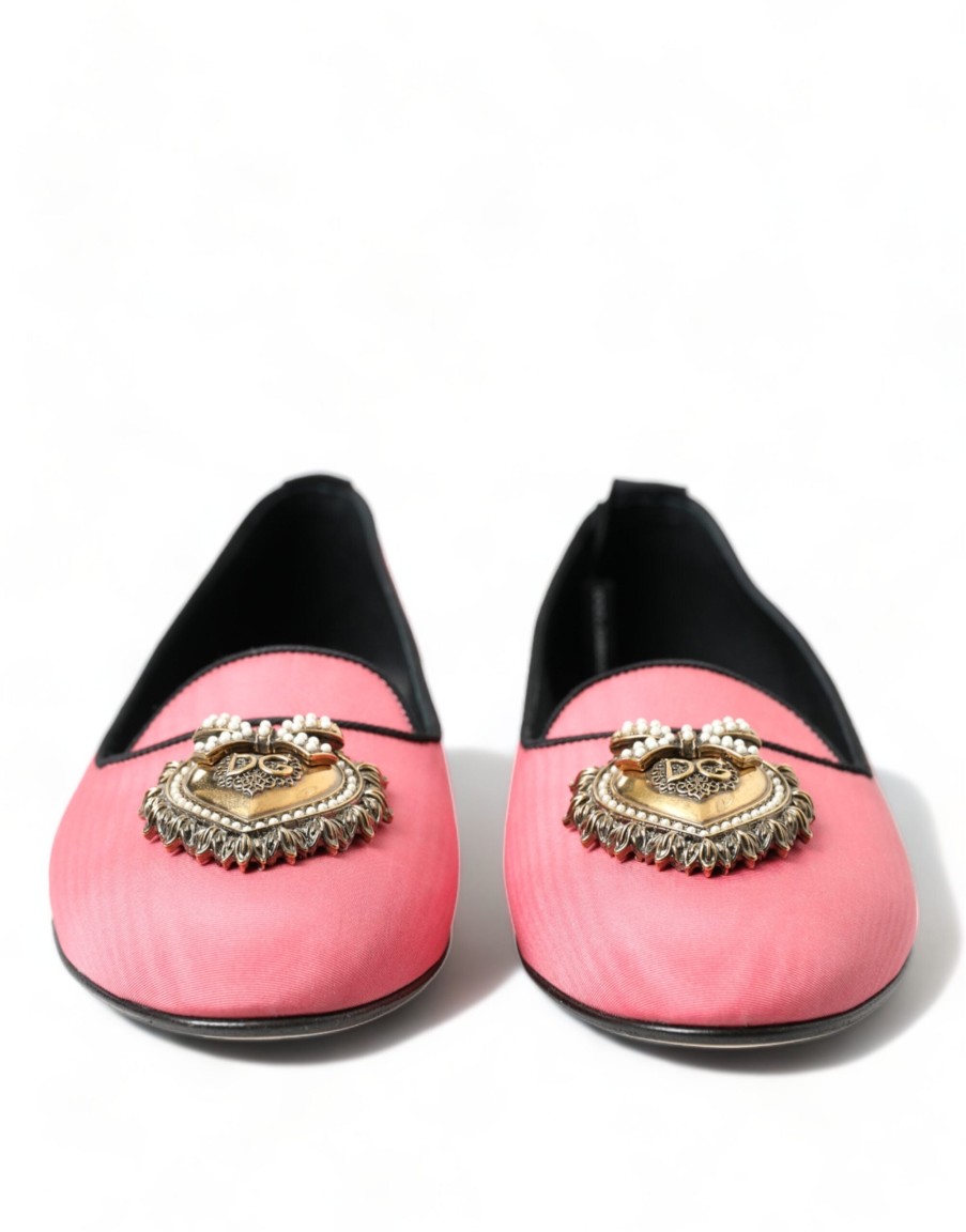 Women Dolce & Gabbana Women'S Flat Shoes | Dolce & Gabbana Pink Black Devotion Slip On Flat Shoes