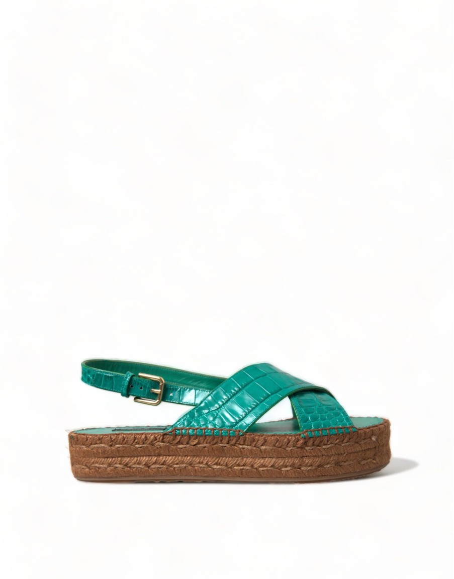 Women Dolce & Gabbana Women'S Sandals | Dolce & Gabbana Green Leather Platform Espadrille Sandal Shoes