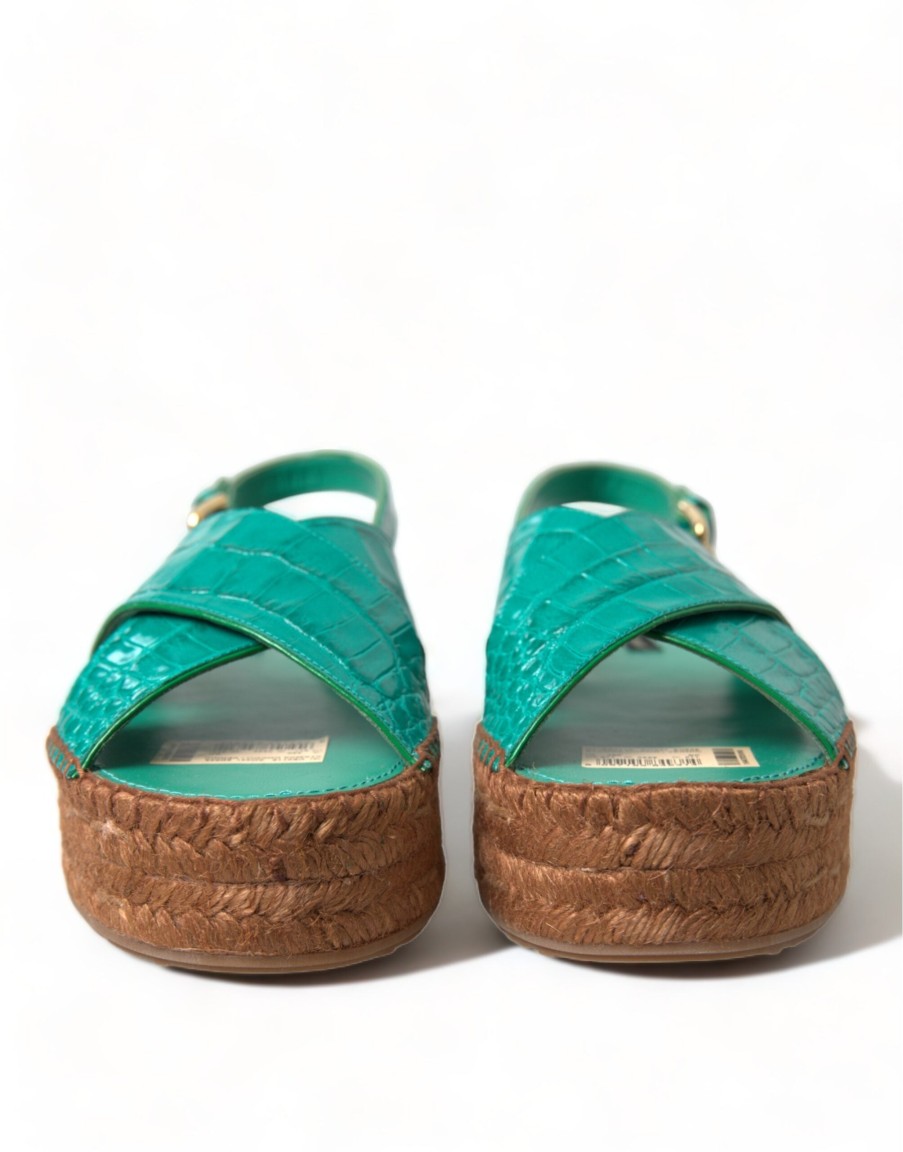 Women Dolce & Gabbana Women'S Sandals | Dolce & Gabbana Green Leather Platform Espadrille Sandal Shoes