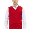 Men Alpha Studio Men'S Vests | Alpha Studio Elegant V-Neckline Red Vest Fine Rib Knit