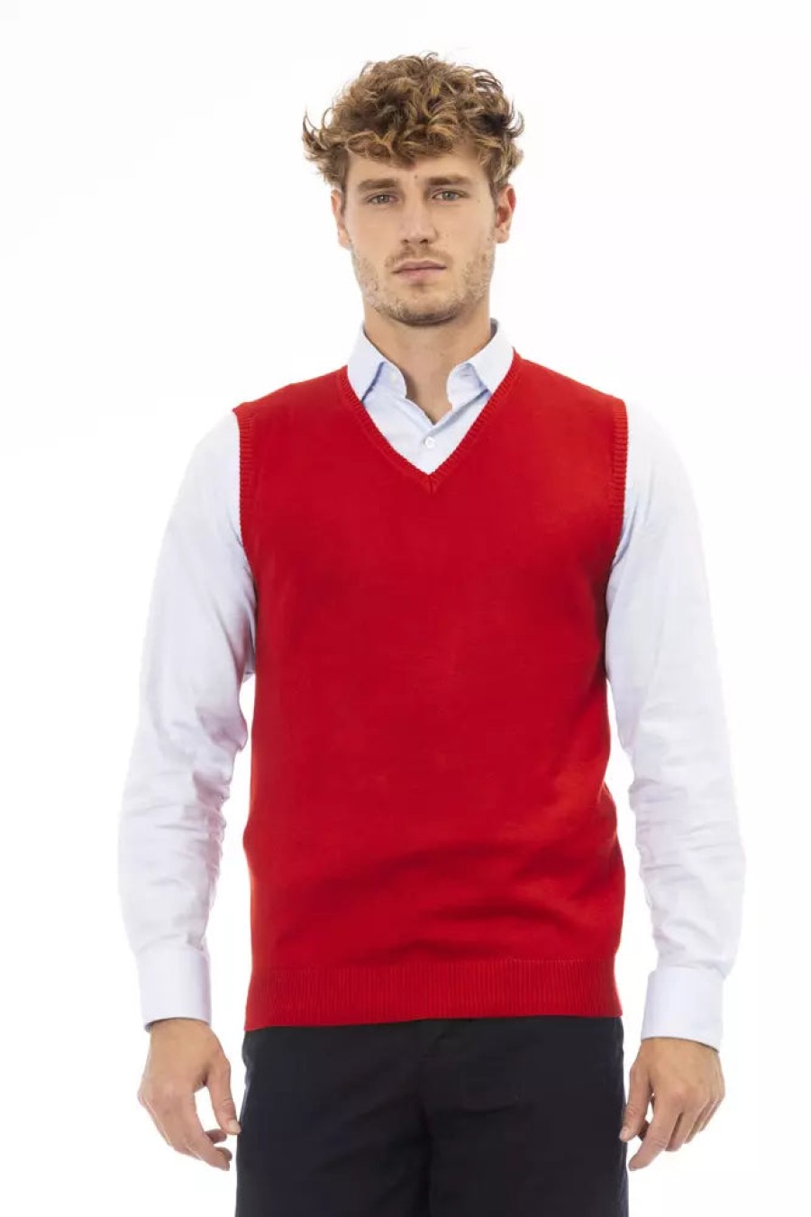 Men Alpha Studio Men'S Vests | Alpha Studio Elegant V-Neckline Red Vest Fine Rib Knit