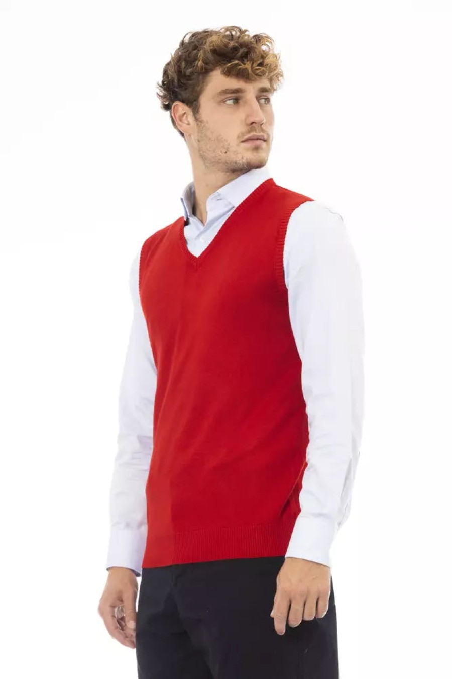 Men Alpha Studio Men'S Vests | Alpha Studio Elegant V-Neckline Red Vest Fine Rib Knit