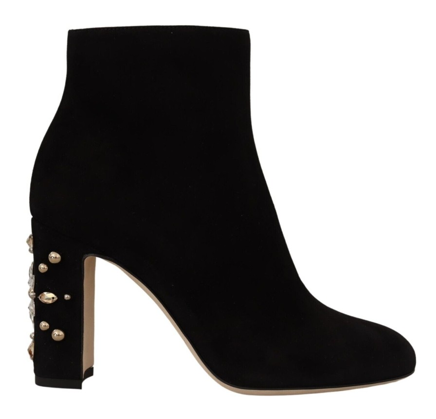 Women Dolce & Gabbana Women'S Boots | Dolce & Gabbana Black Suede Leather Crystal Heels Boots Shoes