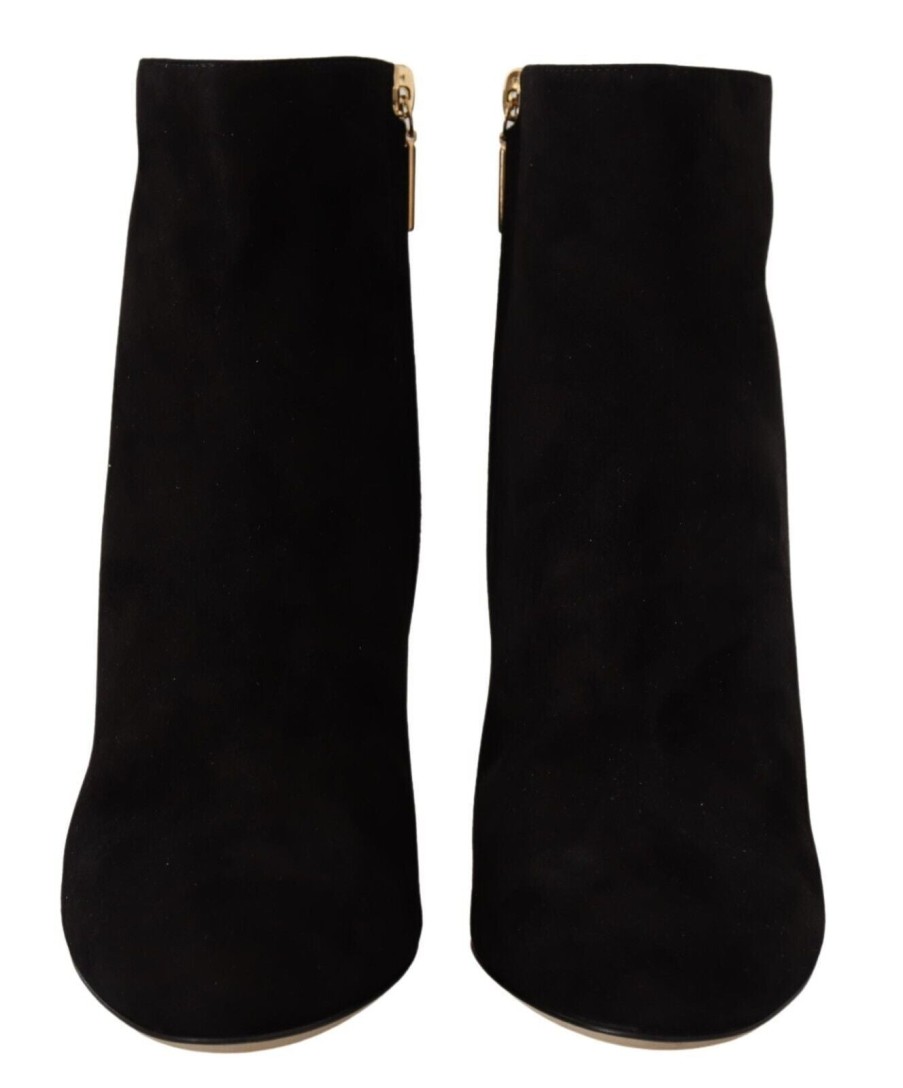 Women Dolce & Gabbana Women'S Boots | Dolce & Gabbana Black Suede Leather Crystal Heels Boots Shoes