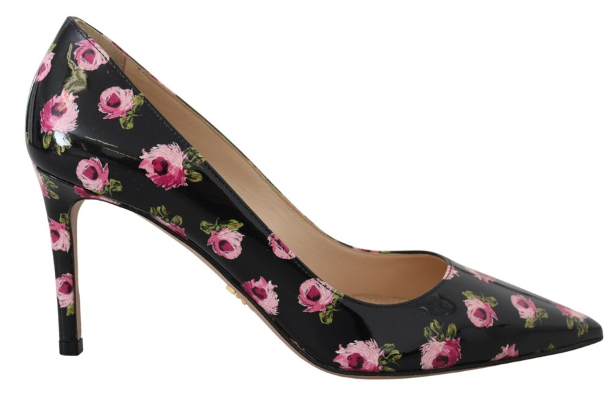 Women Prada Women'S Pumps | Prada Black Leather Floral Heels Stilettos Pumps