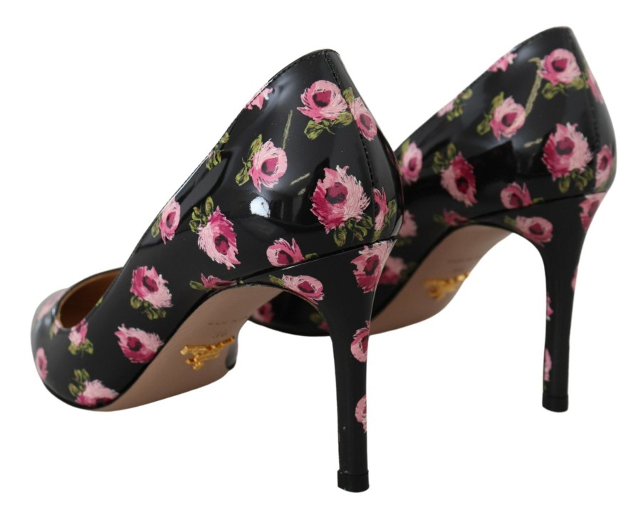 Women Prada Women'S Pumps | Prada Black Leather Floral Heels Stilettos Pumps