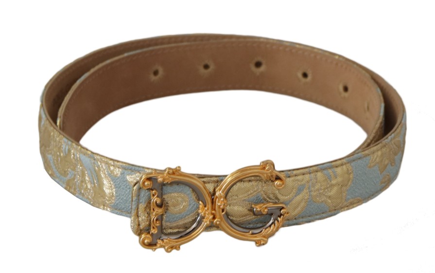 Women Dolce & Gabbana Women'S Belts | Dolce & Gabbana Blue Leather Dg Logo Baroque Gold Metal Buckle Belt