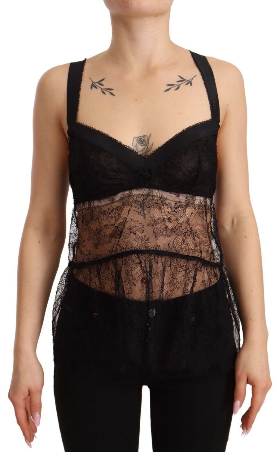 Women Dolce & Gabbana Women'S Sleepwear | Dolce & Gabbana Black Silk Lace Babydoll Nylon Lingerie Top