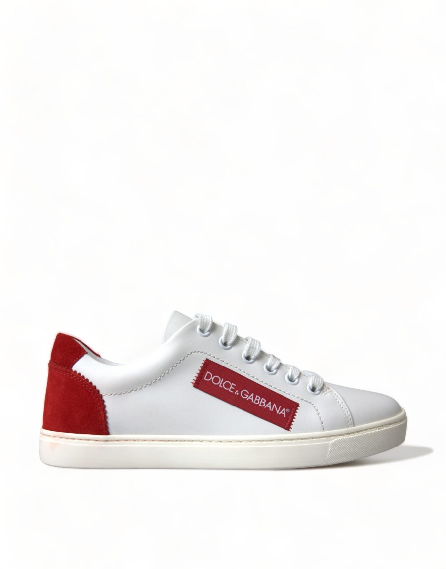 Women Dolce & Gabbana Women'S Sneakers | Dolce & Gabbana White Red Leather Low Top Sneakers Shoes