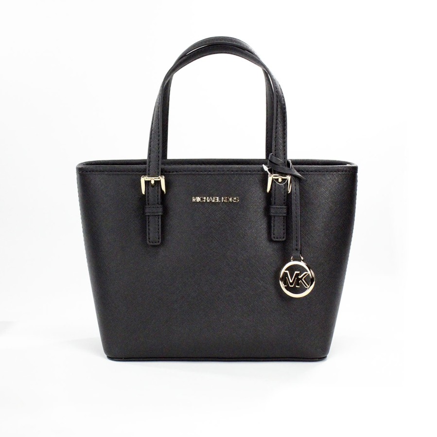 Women Michael Kors Women'S Tote Bags | Michael Kors Jet Set Black Saffiano Leather Xs Carryall Top Zip Tote B