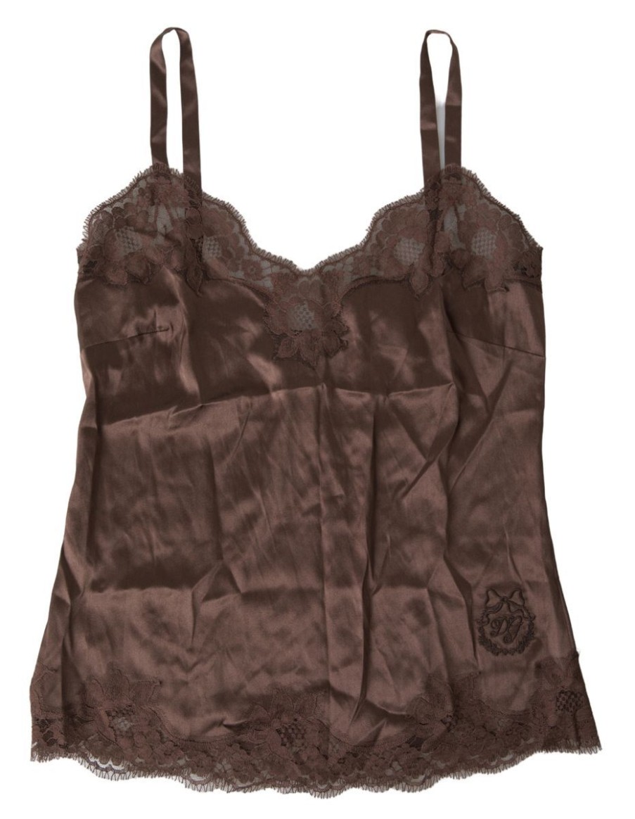 Women Dolce & Gabbana Women'S Underwear | Dolce & Gabbana Brown Logo Silk Sleepwear Camisole Top Underwear