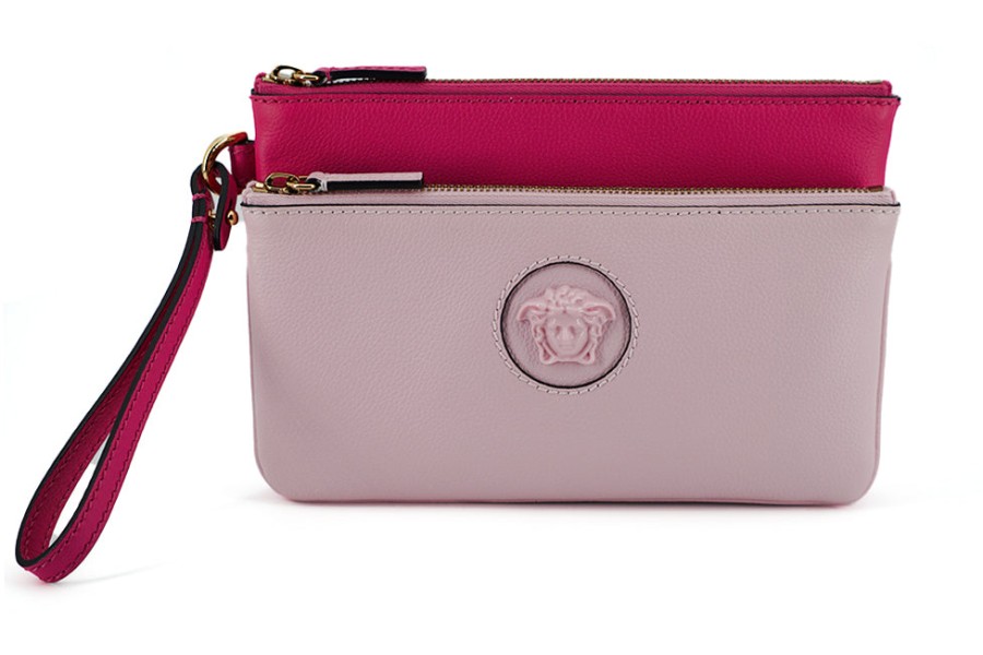 Women Versace Women'S Clutch Bags | Versace Pink Calf Leather Pouch Bag