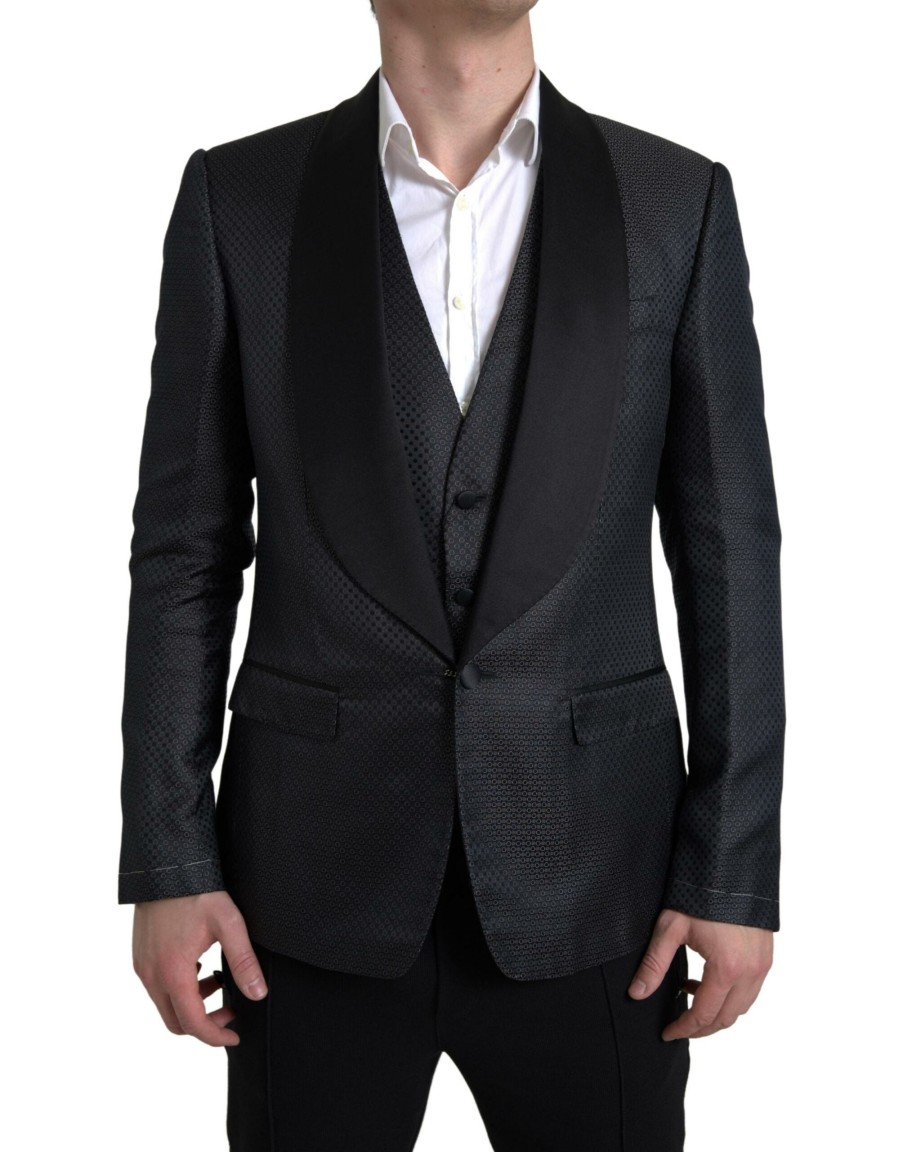 Men Dolce & Gabbana Men'S Suits | Dolce & Gabbana Black Jacquard 2 Piece Single Breasted Suit