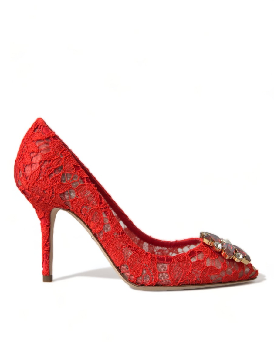 Women Dolce & Gabbana Women'S Pumps | Dolce & Gabbana Red Taormina Lace Crystal Heels Pumps Shoes