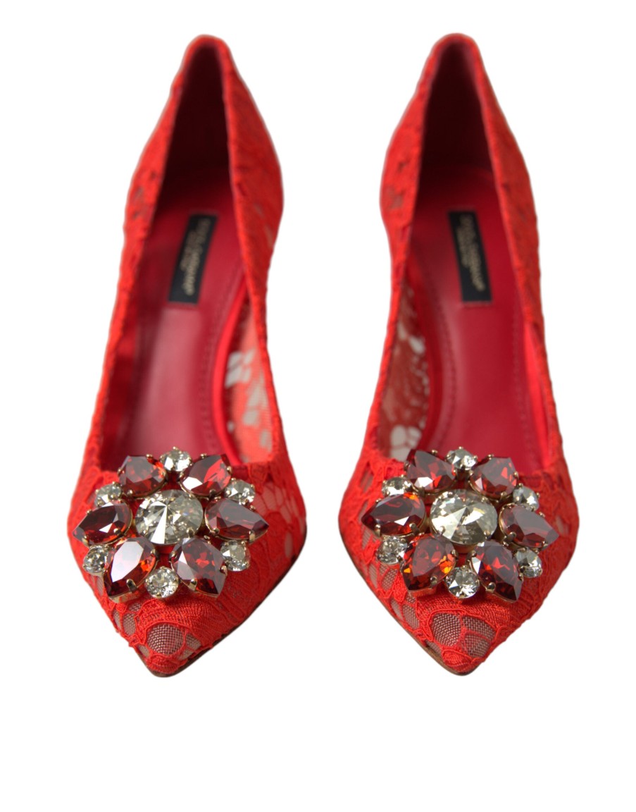 Women Dolce & Gabbana Women'S Pumps | Dolce & Gabbana Red Taormina Lace Crystal Heels Pumps Shoes