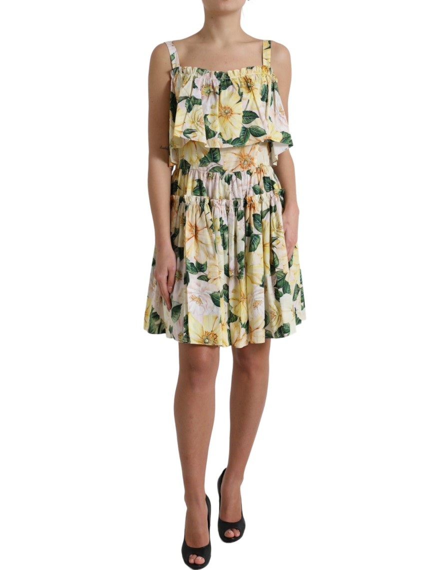 Women Dolce & Gabbana Women'S Dresses | Dolce & Gabbana Yellow Floral Print Cotton Mini Dress