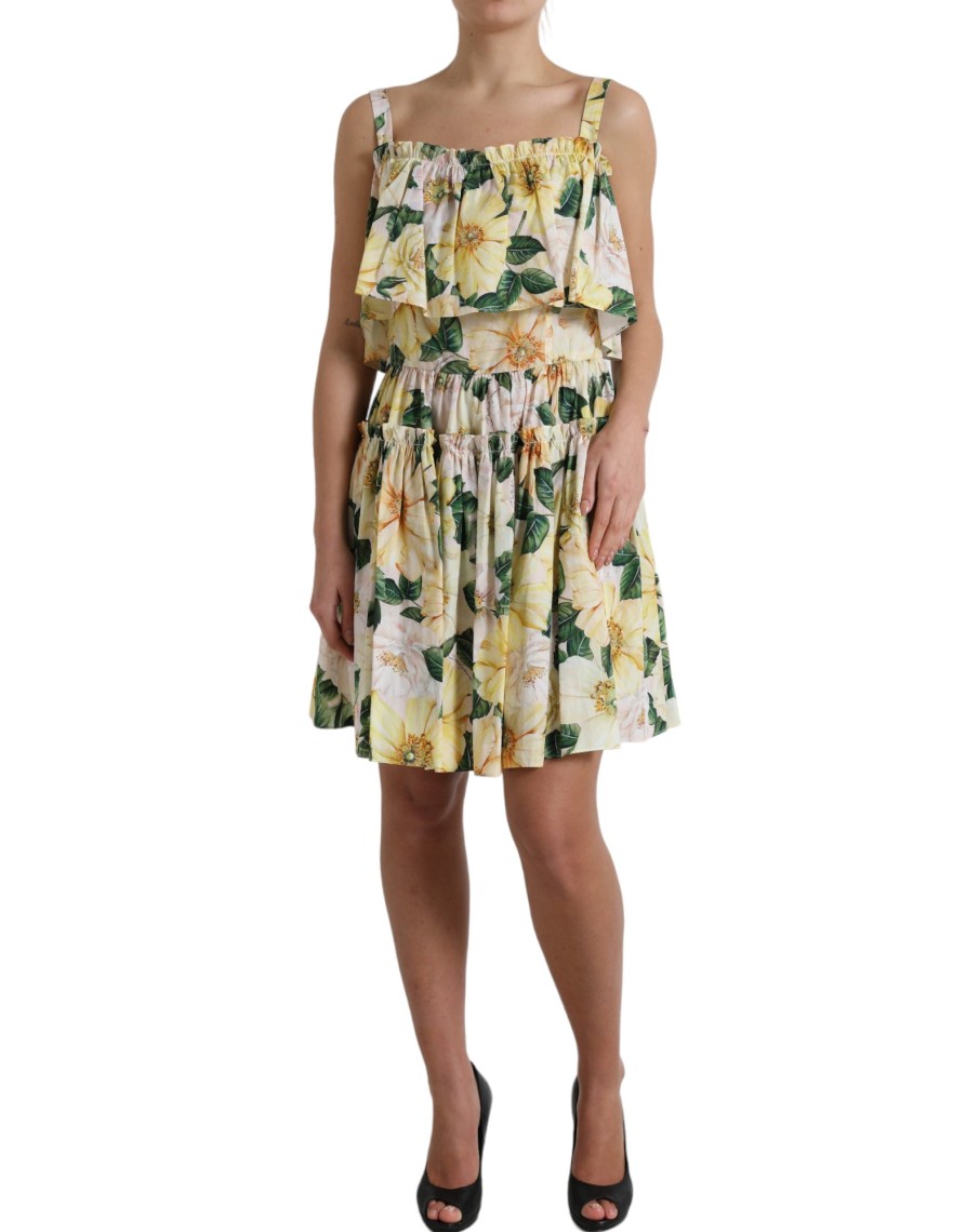 Women Dolce & Gabbana Women'S Dresses | Dolce & Gabbana Yellow Floral Print Cotton Mini Dress