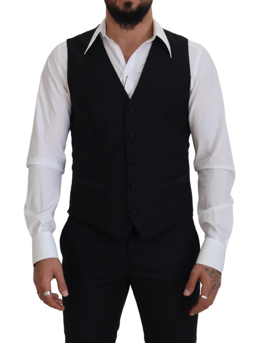 Men Dolce & Gabbana Men'S Vests | Dolce & Gabbana Black Virgin Wool Waistcoat Formal Dress Vest