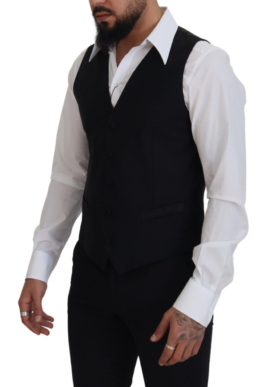 Men Dolce & Gabbana Men'S Vests | Dolce & Gabbana Black Virgin Wool Waistcoat Formal Dress Vest