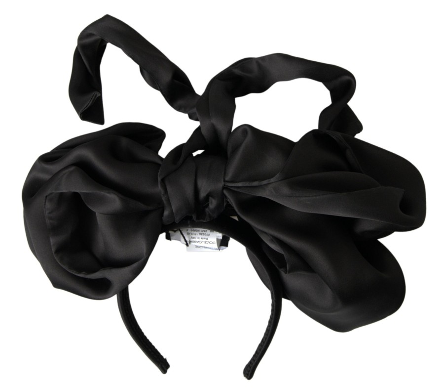 Women Dolce & Gabbana Women'S Headbands | Dolce & Gabbana Black Silk Large Bow Hair Head Diadem