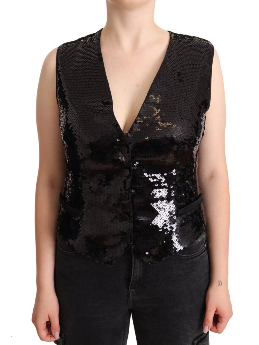 Women Dolce & Gabbana Women'S Vest | Dolce & Gabbana Black Sequin V-Neck Sleeveless Vest Tank Top