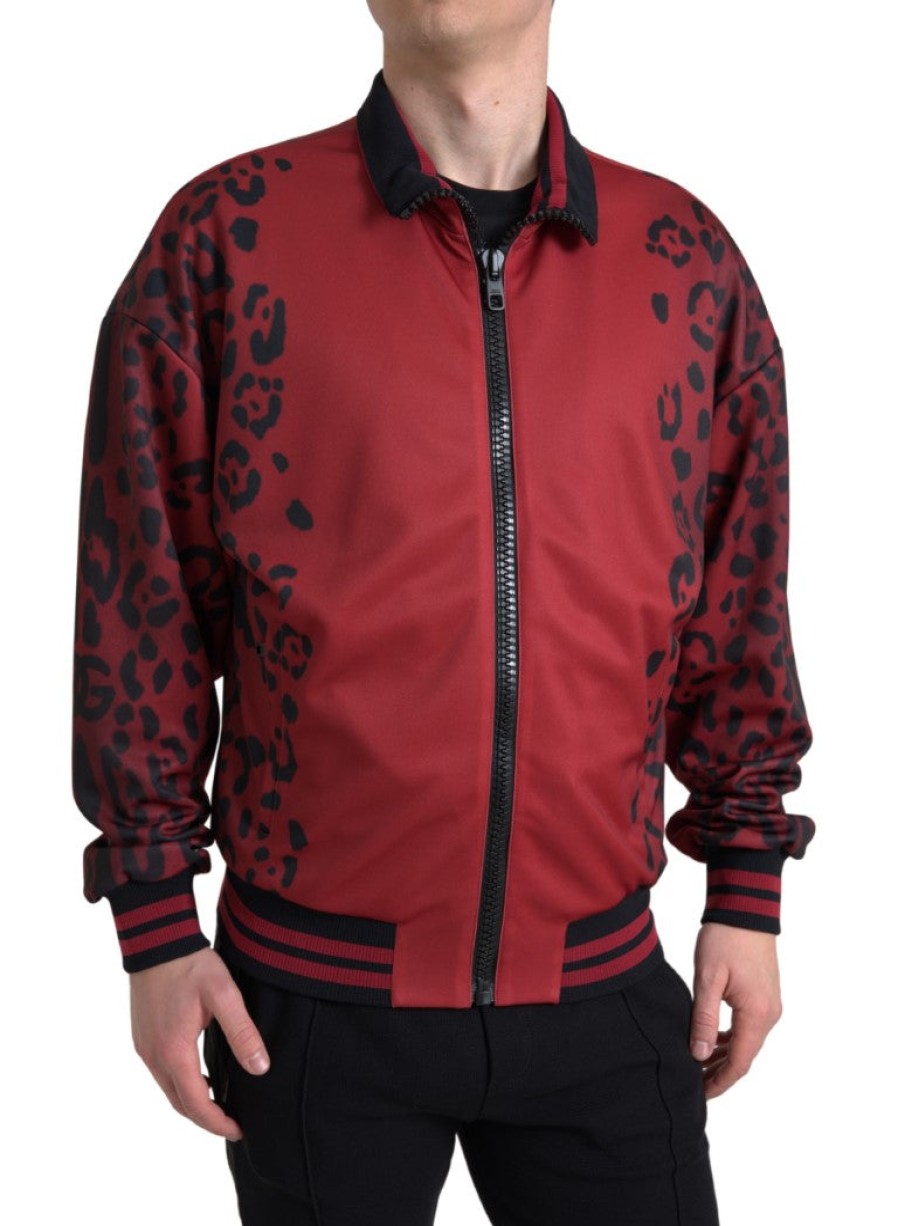 Men Dolce & Gabbana Men'S Blazers | Dolce & Gabbana Red Leopard Polyester Bomber Full Zip Jacket