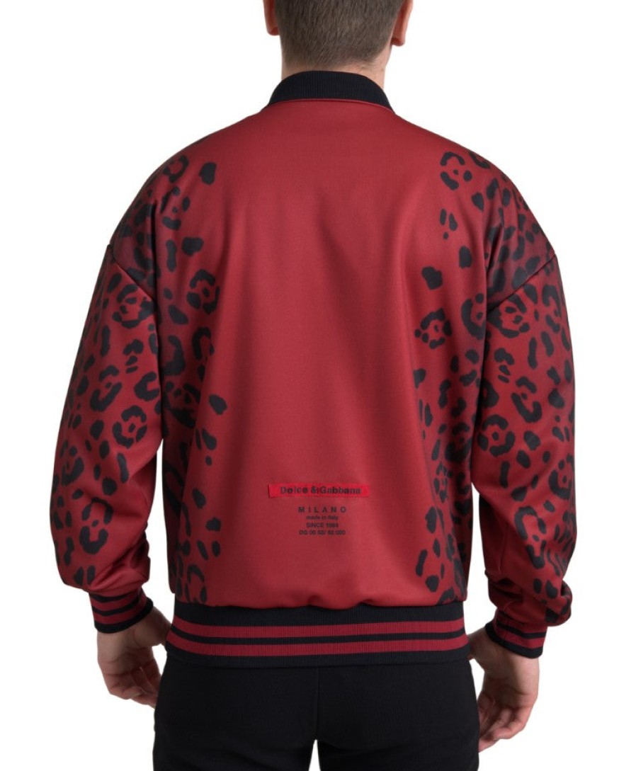 Men Dolce & Gabbana Men'S Blazers | Dolce & Gabbana Red Leopard Polyester Bomber Full Zip Jacket